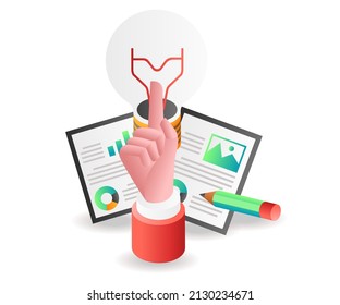 Flat isometric concept illustration. hand pointing idea lamp