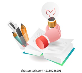 Flat isometric concept illustration. hand on book holding idea lamp