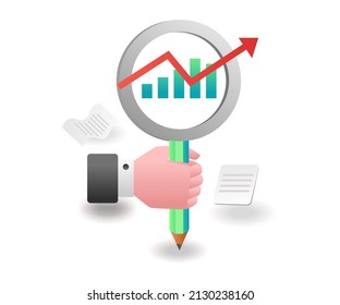 Flat Isometric Concept Illustration. Hand Holding Creative Analysis In Magnifying Glass