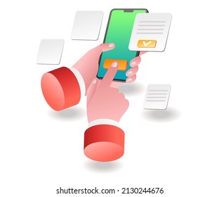 Flat isometric concept illustration. hand touching app on smartphone