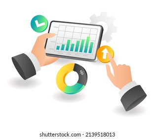 Flat isometric concept illustration. hand analyzing data with ipad