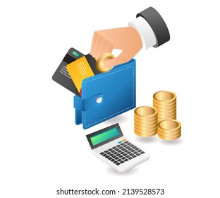 Ilustración de concepto isométrica plana. manos poniendo dinero en la cartera