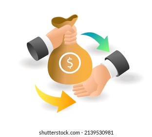 Ilustración de concepto isométrica plana. entrega de manos y recepción de dinero en sacos