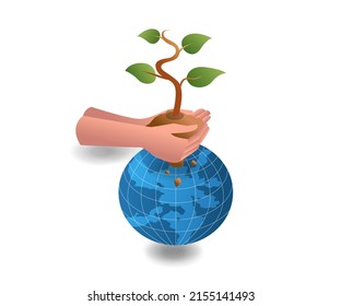 Flat isometric concept illustration. hands holding the ground with plants above the earth