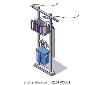 Flat isometric concept illustration. high-voltage electric panel power pole