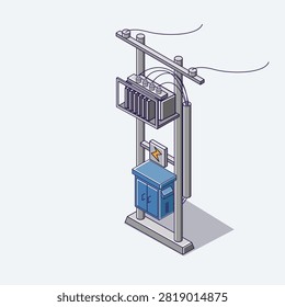Flat isometric concept illustration. high-voltage electric panel power pole