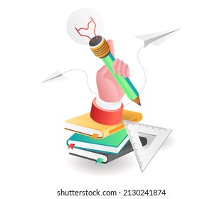 Flat isometric concept illustration. hold the idea light pencil above the book