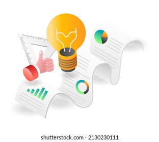 Ilustración de concepto isométrica plana. lámpara de ideas en papel rollo de datos de análisis de negocio de inversión
