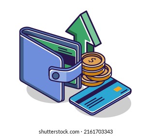 Flat isometric concept illustration. Improved money storage in wallet