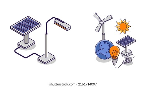 Ilustración de concepto isométrica plana. conjunto de iconos del panel solar industrial