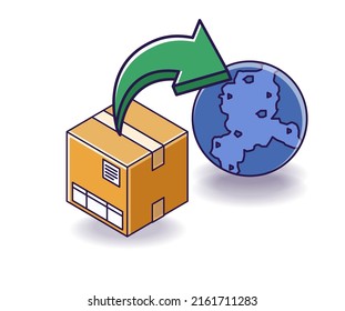 Flat isometric concept illustration. International package box delivery