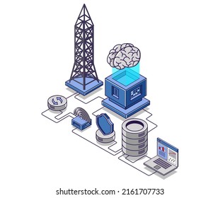 Flat isometric concept illustration. Internet network radar tower and data server