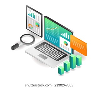 Flat isometric concept illustration. investment business analysis data results