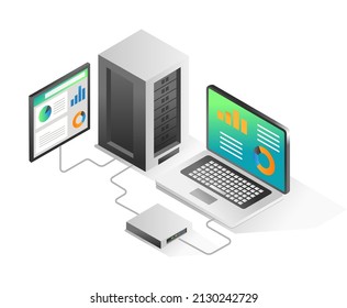 Flat isometric concept illustration. laptop analysis data connection with central server