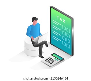 Flat isometric concept illustration. man filling out company tax