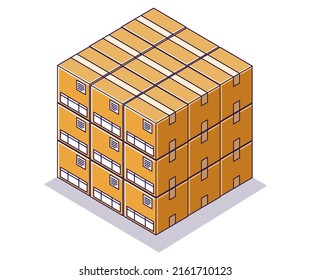 Flat isometric concept illustration. many piles of cardboard boxes