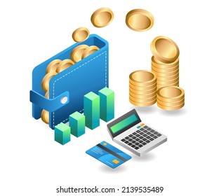Flaches isometrisches Concept Illustration. Geld wird im Portemonnaie gespeichert