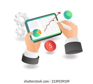 Flat isometric concept illustration. Monitoring business analyst data with ipad