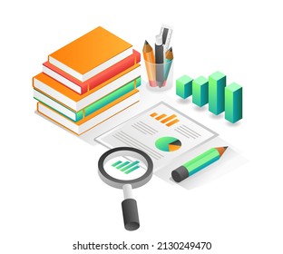 Flat isometric concept illustration. pile of books and business data analysis