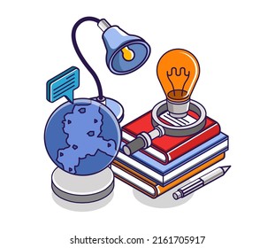 Flat isometric concept illustration. pile of books and educational globes