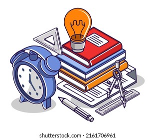 Ilustración de concepto isométrica plana. montón de libros y material escolar
