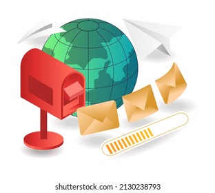 Flat isometric concept illustration. postal mail between worlds