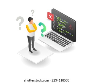flat isometric concept illustration of programmer confused with his work problem