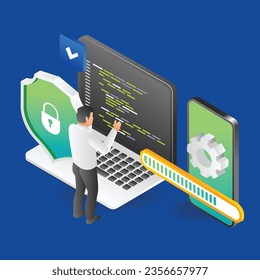 Flat isometric concept illustration of a programmer building a smartphone app