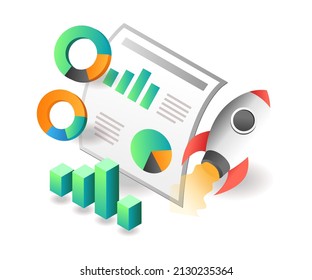 Flat isometric concept illustration. rocket launching business data analysis