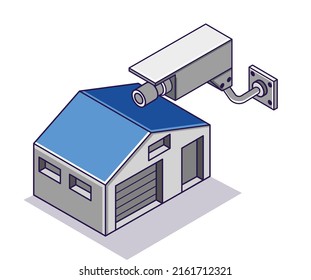 Flat isometric concept illustration. security with warehouse cctv