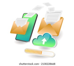 Ilustración de concepto isométrica plana. enviar correo electrónico con smartphone