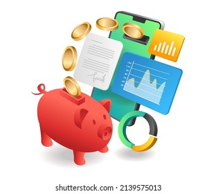 Flat isometric concept illustration. smartphone put money into piggy bank analyst