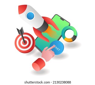 Flat isometric concept illustration. start launching new product rocket