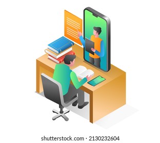 Flat isometric concept illustration. student is studying online with smartphone