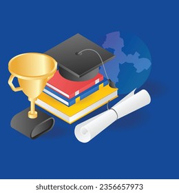 flat isometric concept illustration of student achievement graduation book arrangement