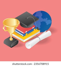 flat isometric concept illustration of student achievement graduation book arrangement