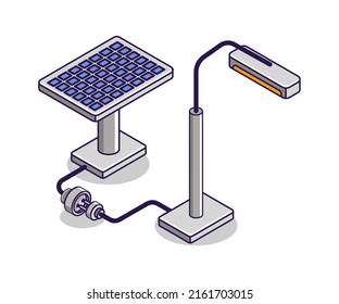 Flat isometric concept illustration. use of solar panel electrical energy for the world