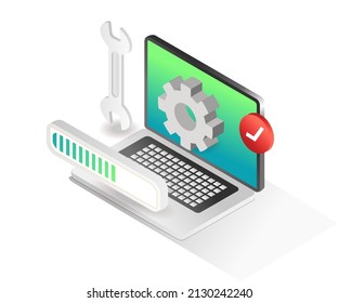Flat isometric concept illustration. web application maintenance process