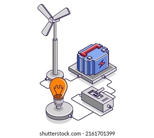 Ilustración de concepto isométrica plana. Batería de almacenamiento de energía eléctrica del molino de viento
