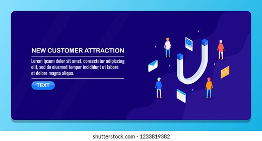 Flat isometric concept for new customer attraction, inbound marketing, customer retention vector banner 