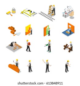Flat isometric Construction professionals vector icons. Plumber, tiler, builders painting, making brickwork, holding drill illustration set. 3d isometry Building constructing concept.