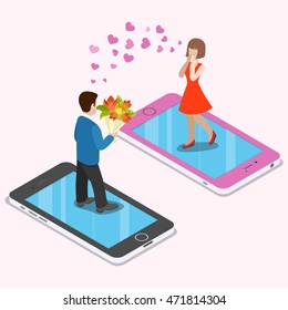 Flat isometric couple date on smartphones vector illustration. 3d isometry virtual mobile love and dating app concept. Man with flower bouquet and amazed red dressed chic.