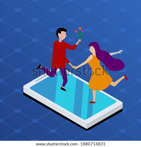 Flat isometric couple date on smartphones vector illustration. 3d isometry virtual mobile love and dating app concept. Man with flower bouquet and amazed red dressed chic.