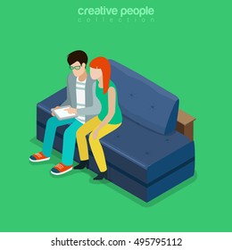Flat isometric Couple sitting in living room with tablet vector illustration. 3d isometry Casual family life concept.
