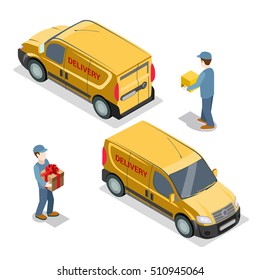 Flat isometric courier with package, service car front and back view vector illustration set. 3d isometry moving and delivery concept.