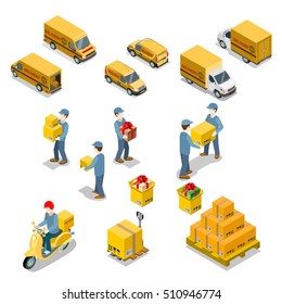 Flat isometric couriers holding and carrying cardboard boxes, deliver service cars vector illustration set. 3d isometry moving and delivery company concept.