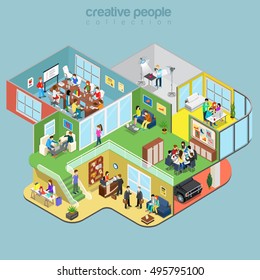 Flat isometric Creative Workshop office floors interior, company departments with staff vector illustration. 3d isometry Architecture, Teamwork concept. Director, designer, manager, client, reception.