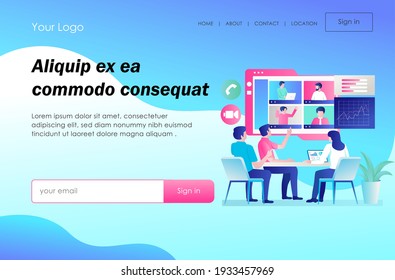Concepto de diseño isométrico plano, realización de reuniones en línea y en equipo 