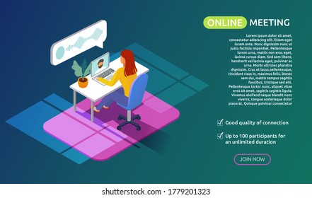  Flat isometric design concept of video online conference. meeting work form home.   Woman sitting at the table in front of laptop and chatting online. Online Study or work banner. Vector illustration