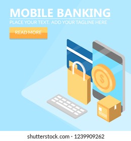 Flat isometric design - Mobile banking, online banking, digital shopping, vector illustration